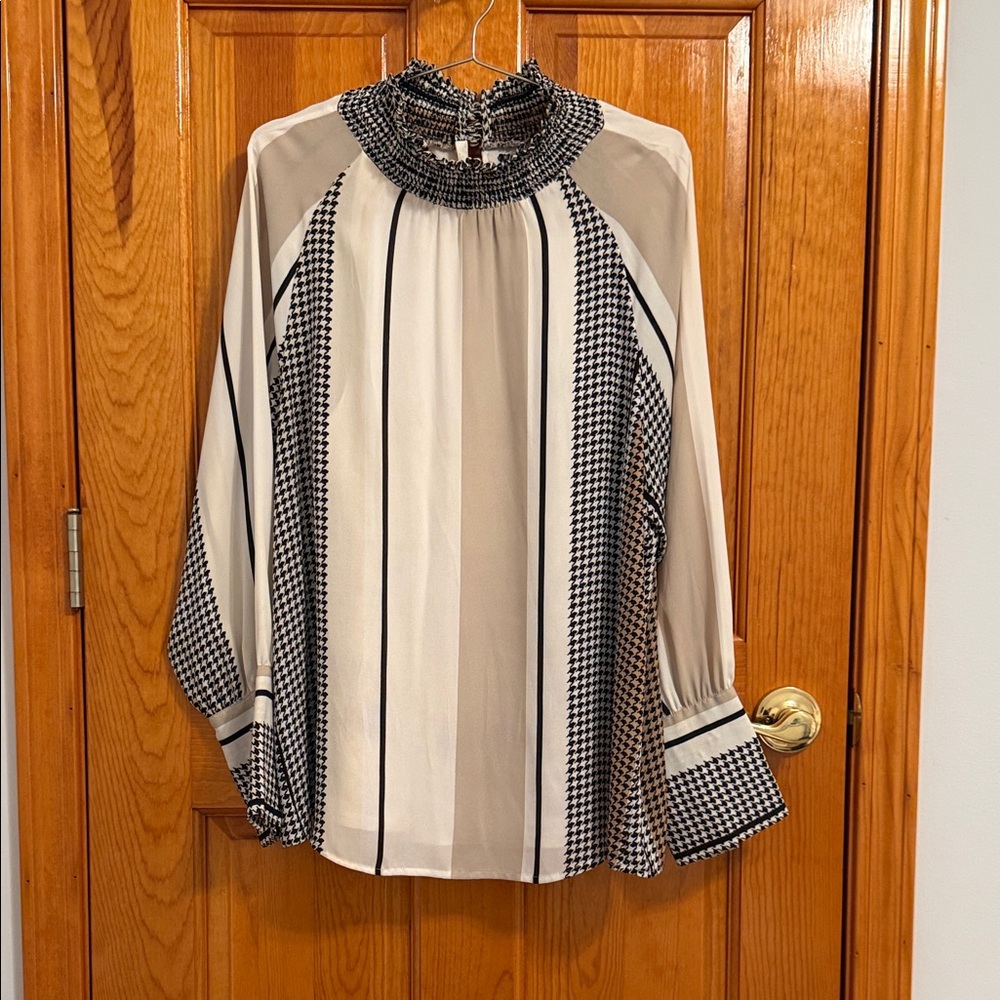 Donna Karan Black and White Smocked-Neck Blouse